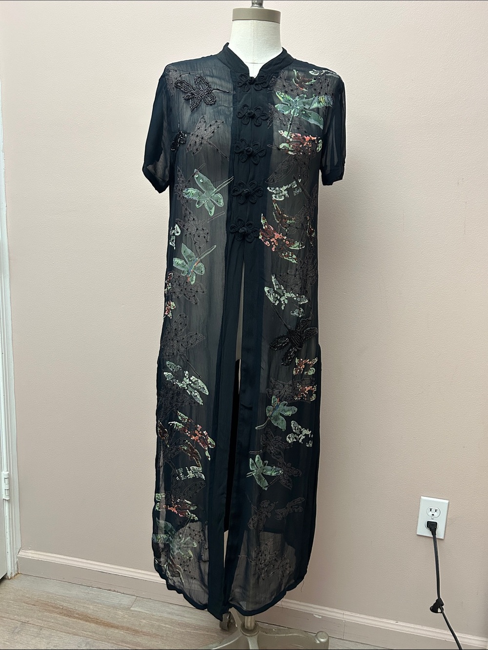 VTG Cache Sheer Black Embroidered Butterfly Duster Asian frog closure sz small - Picture 1 of 16